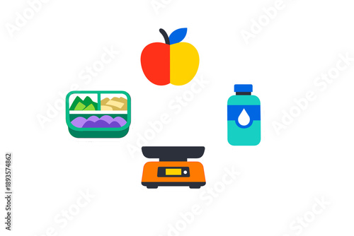 Displaying food items and a scale in a kitchen setting while showing healthy eating and meal preparation practices during the day