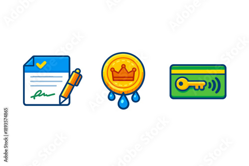 Different symbols related to agreements, currency, and security displayed together in a simple design, showing their connections in modern transactions in a digital environment