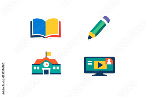 Different symbols representing learning, education, and online study with a book, pencil, school building, and computer screen showing a video