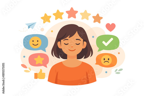 Woman expresses emotions and reviews in a colorful design with smiley faces, symbols of approval and disapproval, and stars illustrating feedback