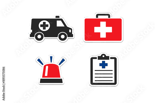 Emergency medical symbols show ambulance, first aid kit, siren, and medical clipboard in a simple layout