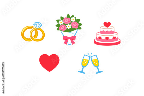 Celebrations with symbols of love, marriage, and happiness featuring rings, flowers, cake, hearts, and drinks on a plain background