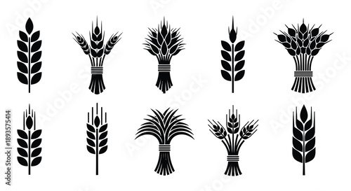 Black and white illustration of various wheat and grain bundles