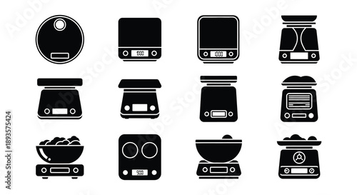 Collection of black and white kitchen scale icons in various designs