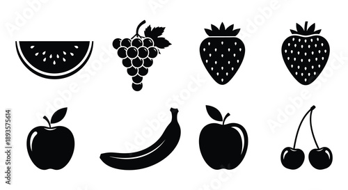 Black silhouette icons depicting a variety of fresh fruits arranged in rows