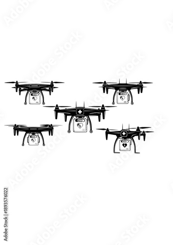 Medical Emergency Drone Silhouette, First Responder AED Delivery, Future Healthcare Logistics and Life Saving Technology Vector