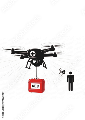 Medical Emergency Drone Silhouette, First Responder AED Delivery, Future Healthcare Logistics and Life Saving Technology Vector