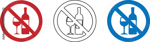 No alcohol signs with wine bottle and glass icons in red black and blue colors