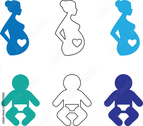 Pregnant women and babies icons in different colors and styles isolated on white background