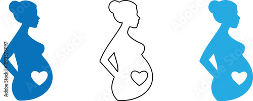 pregnant women silhouettes with heart shaped cutout on belly in different colors