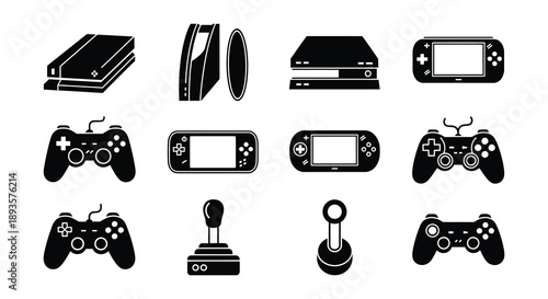 Collection of black and white video game consoles and controllers