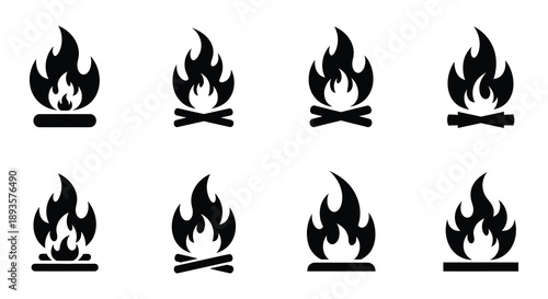 Black silhouettes of various campfire and flame designs