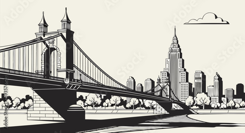 New York City skyline with a suspension bridge, a black and white vector illustration in a retro style