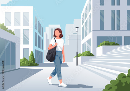 Vector illustration of a young woman walking on a city street with modern architecture
