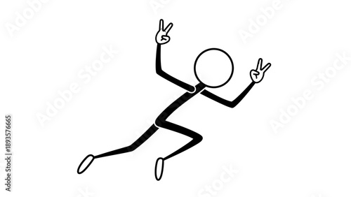 Simple stick figure illustration of a person jumping and making peace signs with both hands.