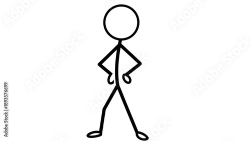 Simple stick figure illustration with hands on hips and one hand pointing downwards.