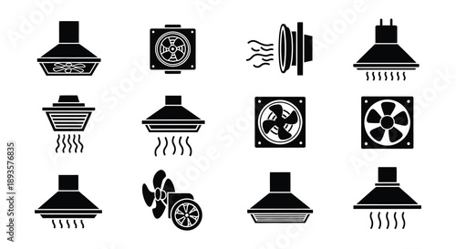 Black and white icons depicting various ventilation and cooling systems