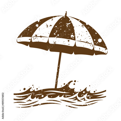 Vintage Grunge texture Brown beach umbrella standing in ocean waves on sunny day at seaside resort  summer vacation and relaxation concept