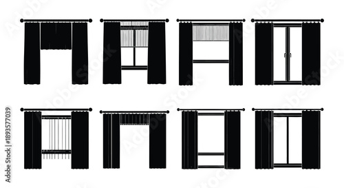Black and white illustration of various window and curtain designs