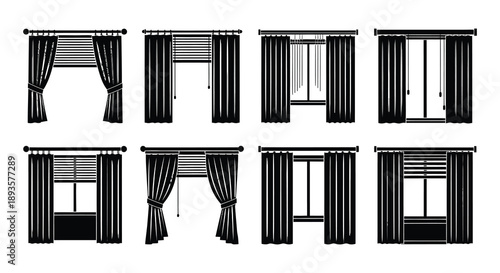 Black and white illustration of various window and curtain designs