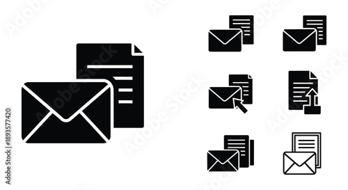 Black icons depicting various email and document symbols for communication