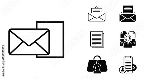 Black icons depicting various email and document symbols for communication