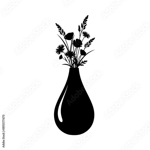 A black silhouette of a vase with flowers on a white background