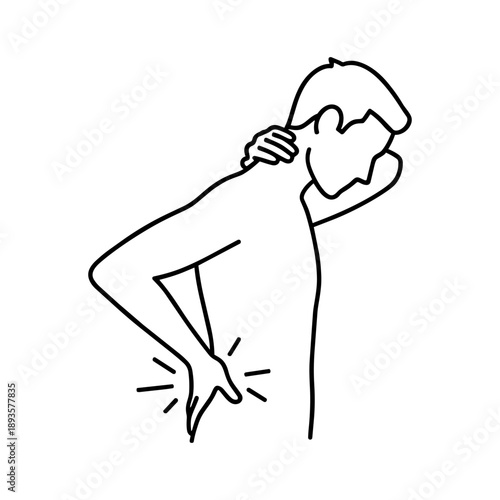 Man suffering from neck and lower back pain. Joint and muscle discomfort. Health problem concept. Medical care and therapy line illustration