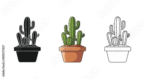 Set of three potted cactus icons in black silhouette, color, and outline styles