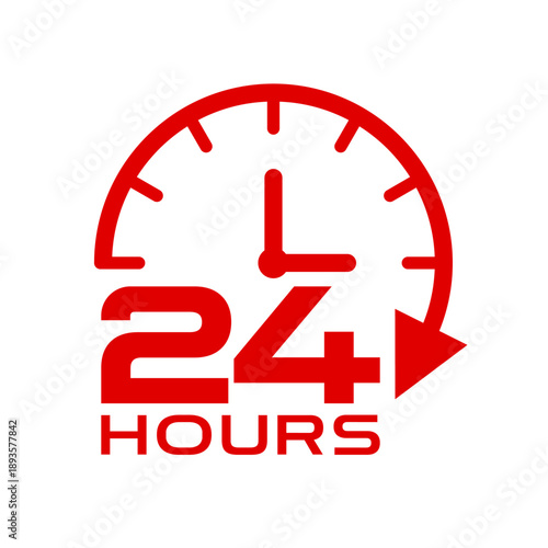 24 hours icon logo. Twenty four hours icon. Vector Illustration. 24 hours label, logo, badge, banner, sticker, stamp, sign, symbol, circle, arrow, red, line, flat vector, isolated illustration.