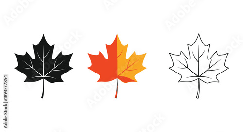 Set of three maple leaf icons in solid black silhouette, colorful gradient, and outline styles