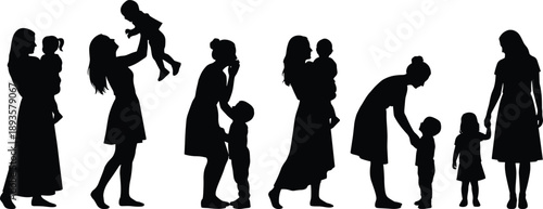 Mother and child silhouette set showing parenting moments, love, care, bonding, family life stages, minimal black vector illustration, design, concept