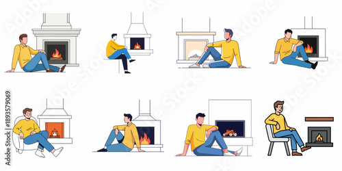 Man Relaxing by Fireplace Vector Illustration Set. Cozy Home Leisure and Warmth Flat Design Collection on White Background.
