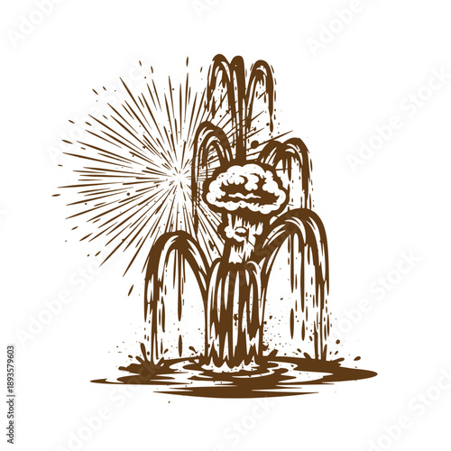 Vintage Grunge texture explosion of water with sun rays on white background  dramatic splash  powerful wave