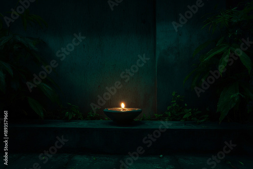 Wallpaper Mural Quiet temple backyard with a single oil lamp glowing in darkness, minimal spiritual composition, symbolic cultural imagery Torontodigital.ca