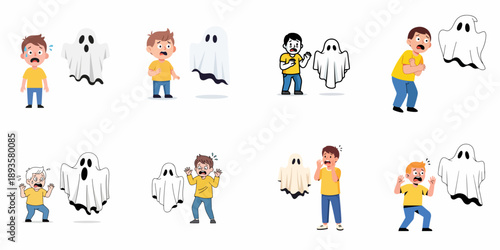 Frightened young boy reacting to a floating sheet ghost: A set of cartoon illustrations showing fear and spooky encounters.