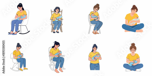 Set of vector illustrations showing a tired, sad mother holding her sleeping newborn baby, depicting postpartum depression, exhaustion, and parental stress.