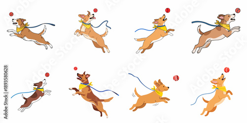 Dynamic Vector Collection of Joyful Dogs Jumping to Catch a Red Ball, Wearing Yellow Bandanas and Blue Leashes, Isolated on White.