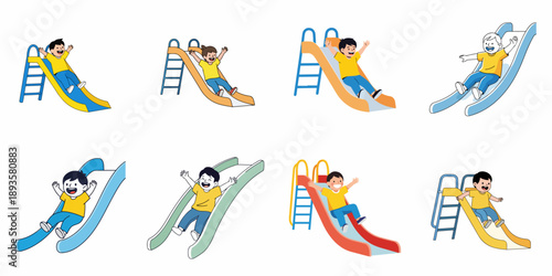 Set of eight cartoon boys sliding down colorful playground slides, depicting joyful children playing outdoors and having fun.