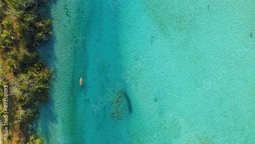 Wallpaper Mural Aerial of kayak gliding over clear blue water near green tropical shoreline. Torontodigital.ca