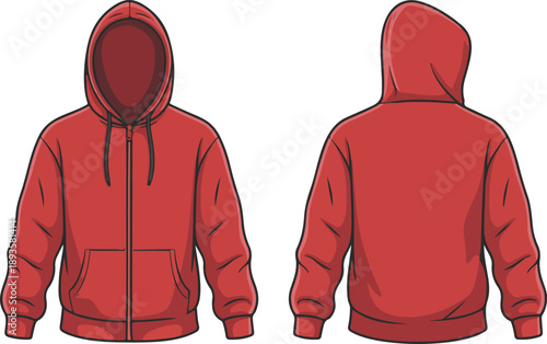 Red Hoodie and Zip-Up Sweatshirt Flat Sketch  Casual Apparel Vector Template