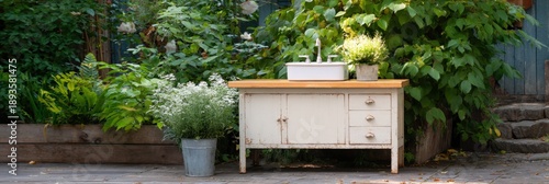 Vintage outdoor washstand with rusty basin amidst lush garden foliage