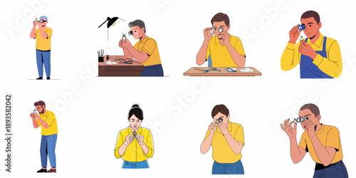 Diverse Jewelers and Gemologists Examining Diamond Rings with Loupes: Quality Inspection and Professional Appraisal of Precious Stones.