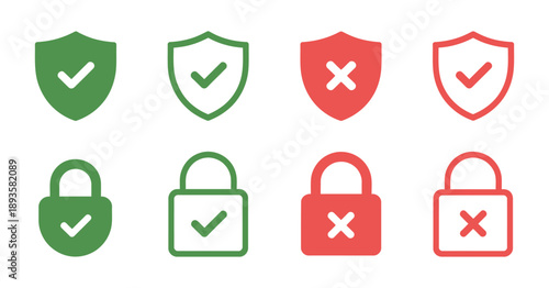 Security Shield and Lock Vector Line Icon set. Outline Symbols with Check and Cross Marks, Representing Data Protection, Cybersecurity, and Safety Concept.