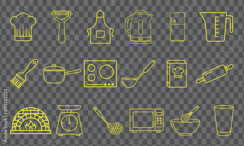 Set of yellow outline kitchen and cooking icons. 