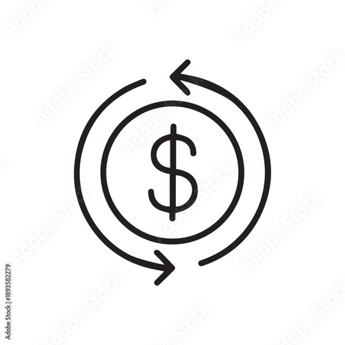 Cashback icon, return money. Cash back rebate, Reinvest earning, chargeback, Dollar coin with arrow, credit payment tax exchange, simple thin line Vector illustration Design On white background 