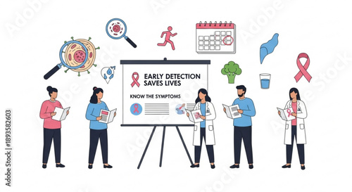 Medical team presenting early detection of cancer with icons for research health and awareness for healthcare and infographic concepts