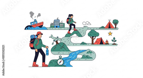 Adventure and travel illustration with hikers tents and a boat depicting a journey through diverse landscapes for concept design