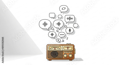 Vintage radio broadcasting communication icons concept of sound waves messages and social media isolated on white background