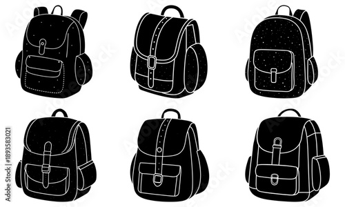 Various black backpacks illustrated in different styles and designs on white